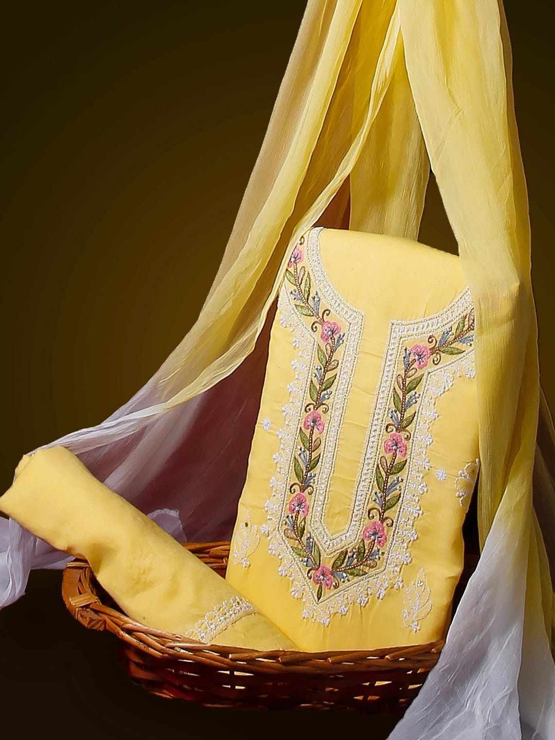 Ada Hand Embroidered Yellow Cotton Lucknowi Chikankari Unstitched Suit Piece With Parsi Work 01A488950