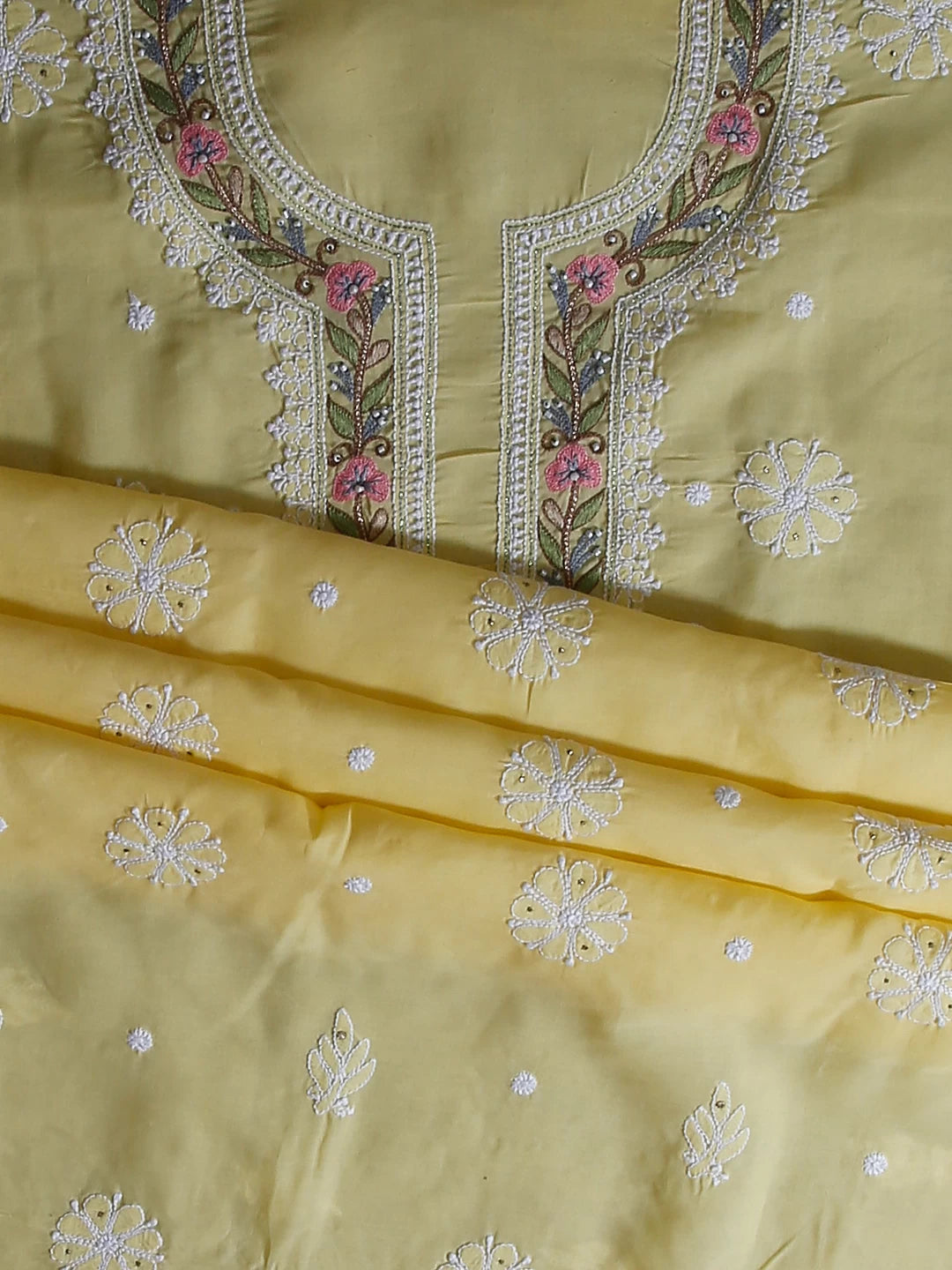 Ada Hand Embroidered Yellow Cotton Lucknowi Chikankari Unstitched Suit Piece With Parsi Work 01A488950