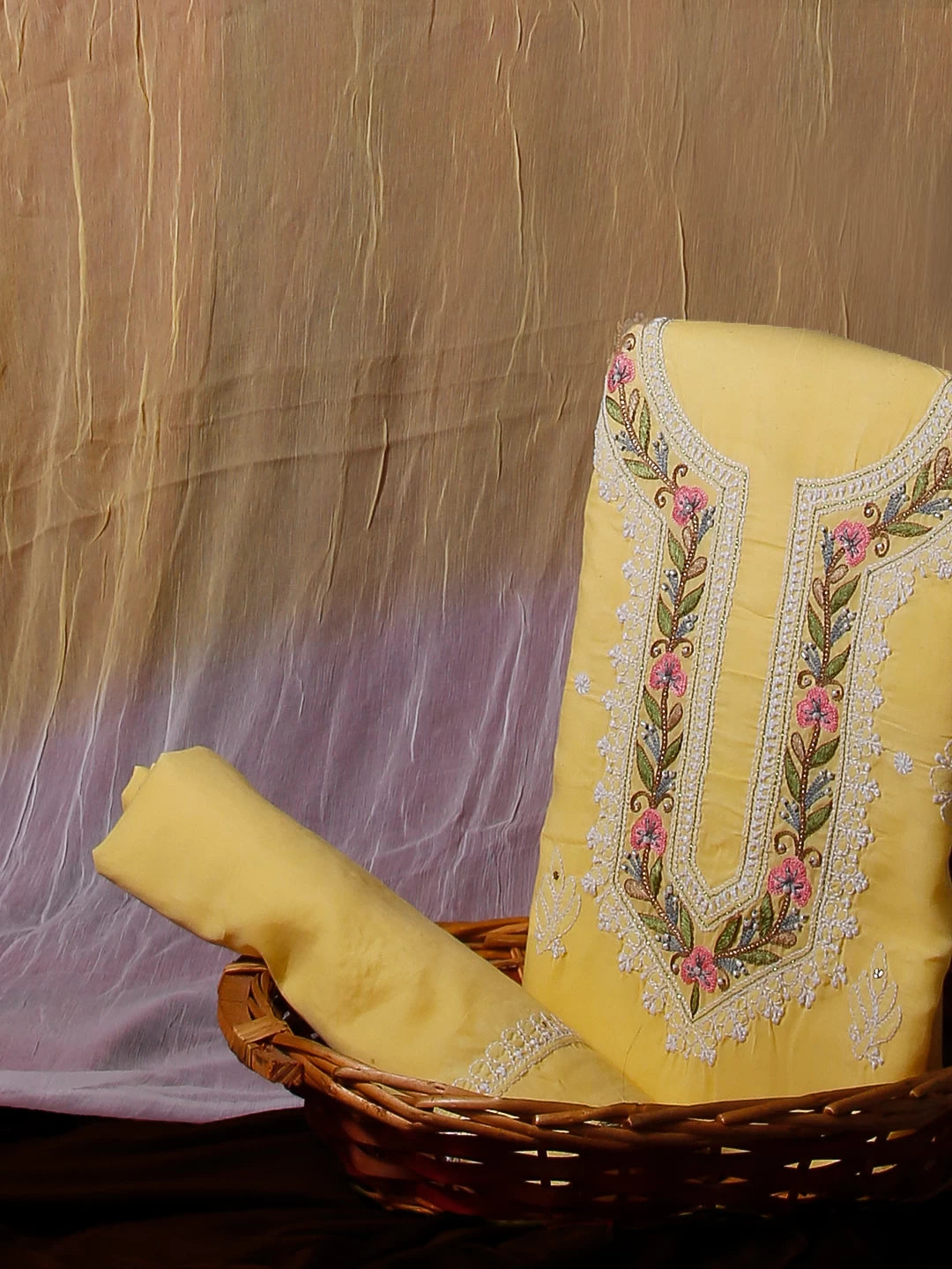 Ada Hand Embroidered Yellow Cotton Lucknowi Chikankari Unstitched Suit Piece With Parsi Work 01A488950