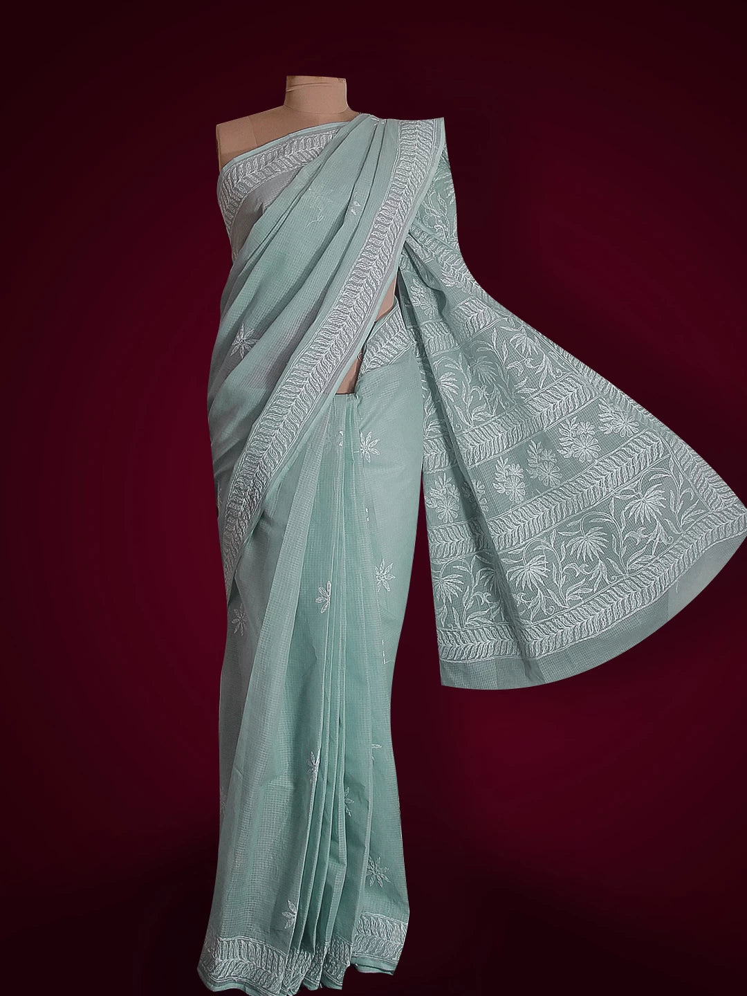 Ada Hand Embroidered Grey Kota Lucknowi Chikankari Saree With Blouse 01A525459
