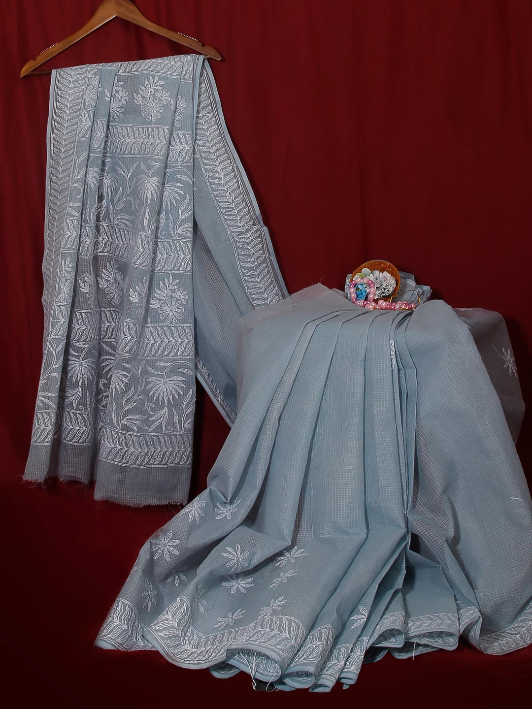 Ada Hand Embroidered Grey Kota Lucknowi Chikankari Saree With Blouse 01A525459