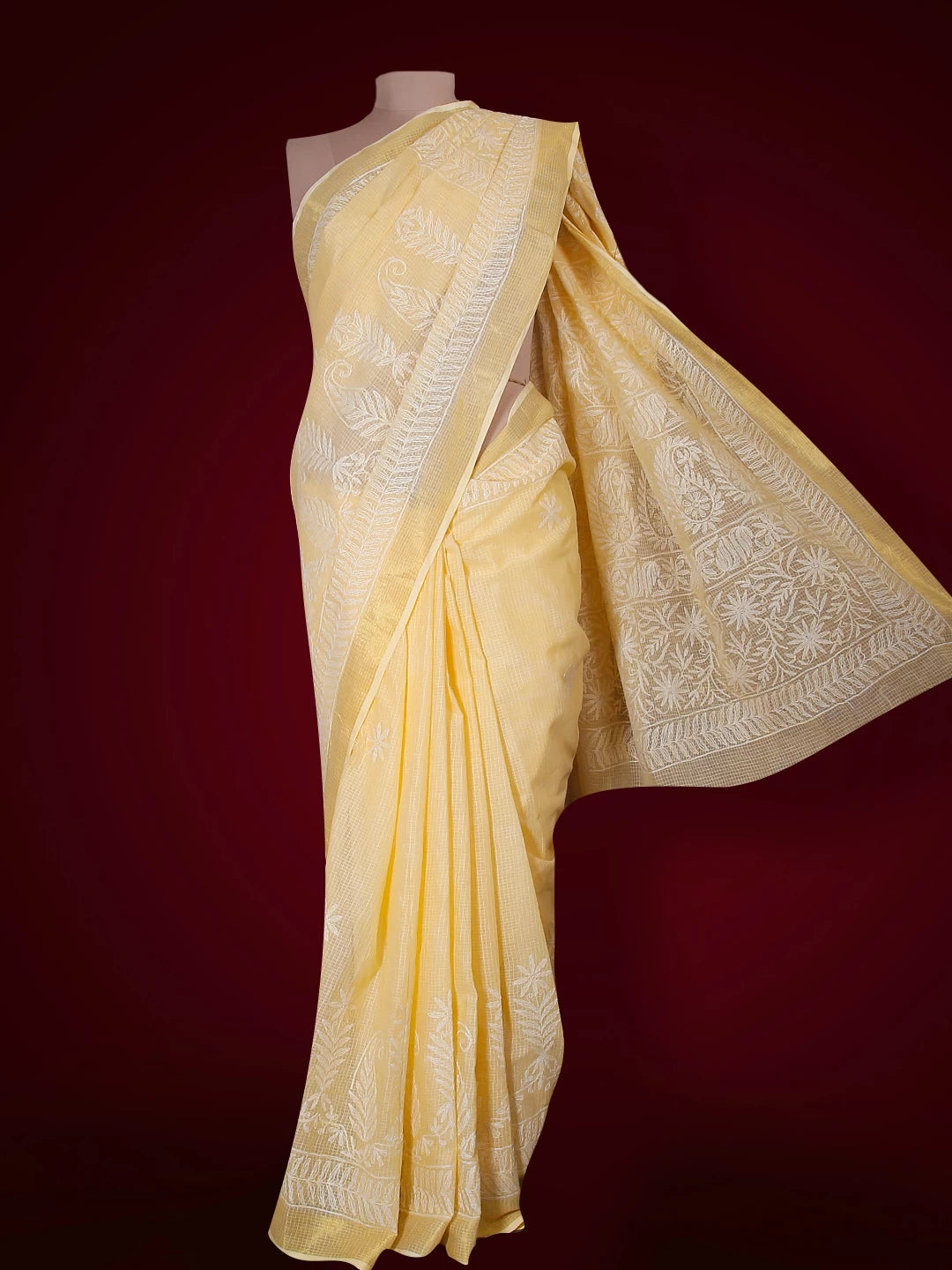 Ada Hand Embroidered Soft Yellow Kota Lucknowi Chikankari Saree With Blouse 01A525410