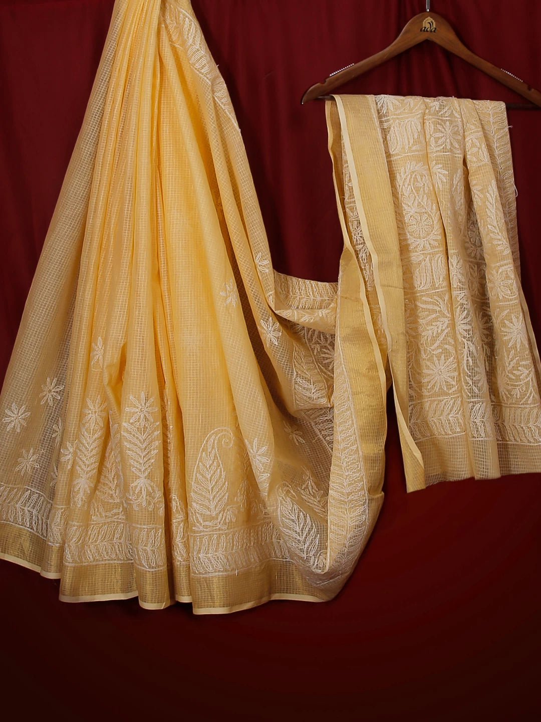 Ada Hand Embroidered Soft Yellow Kota Lucknowi Chikankari Saree With Blouse 01A525410