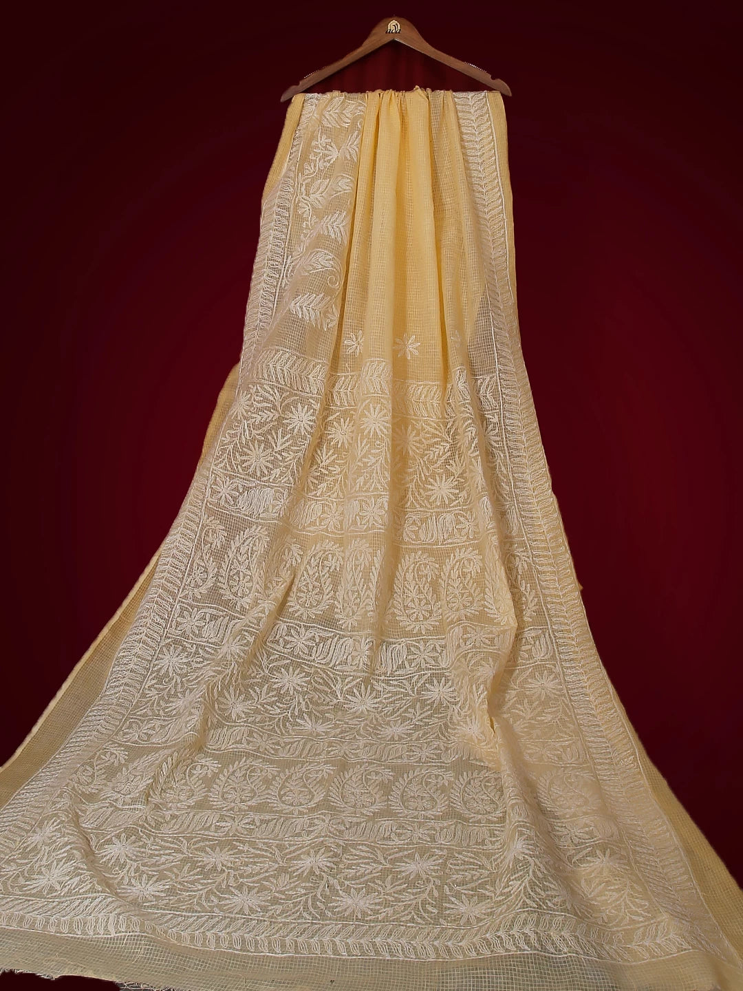 Ada Hand Embroidered Soft Yellow Kota Lucknowi Chikankari Saree With Blouse 01A525410