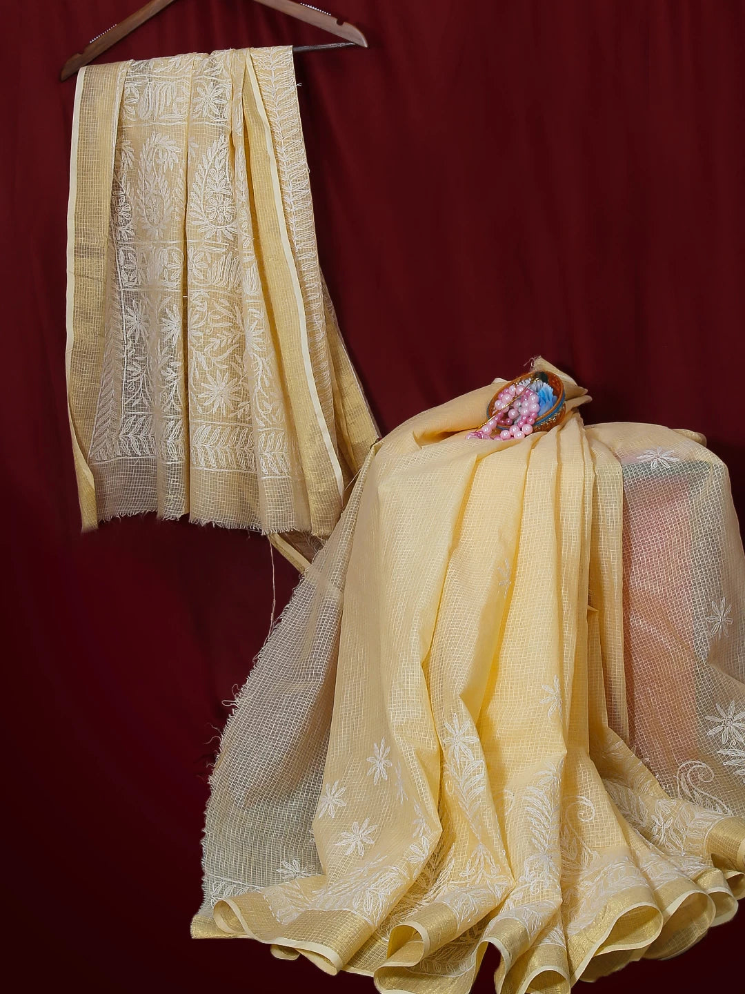 Ada Hand Embroidered Soft Yellow Kota Lucknowi Chikankari Saree With Blouse 01A525410