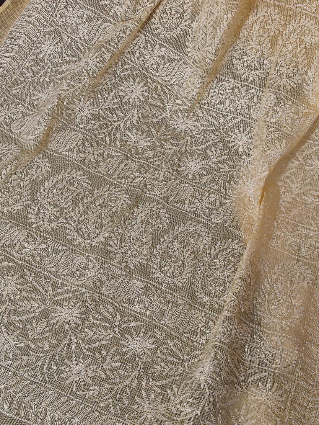 Ada Hand Embroidered Soft Yellow Kota Lucknowi Chikankari Saree With Blouse 01A525410
