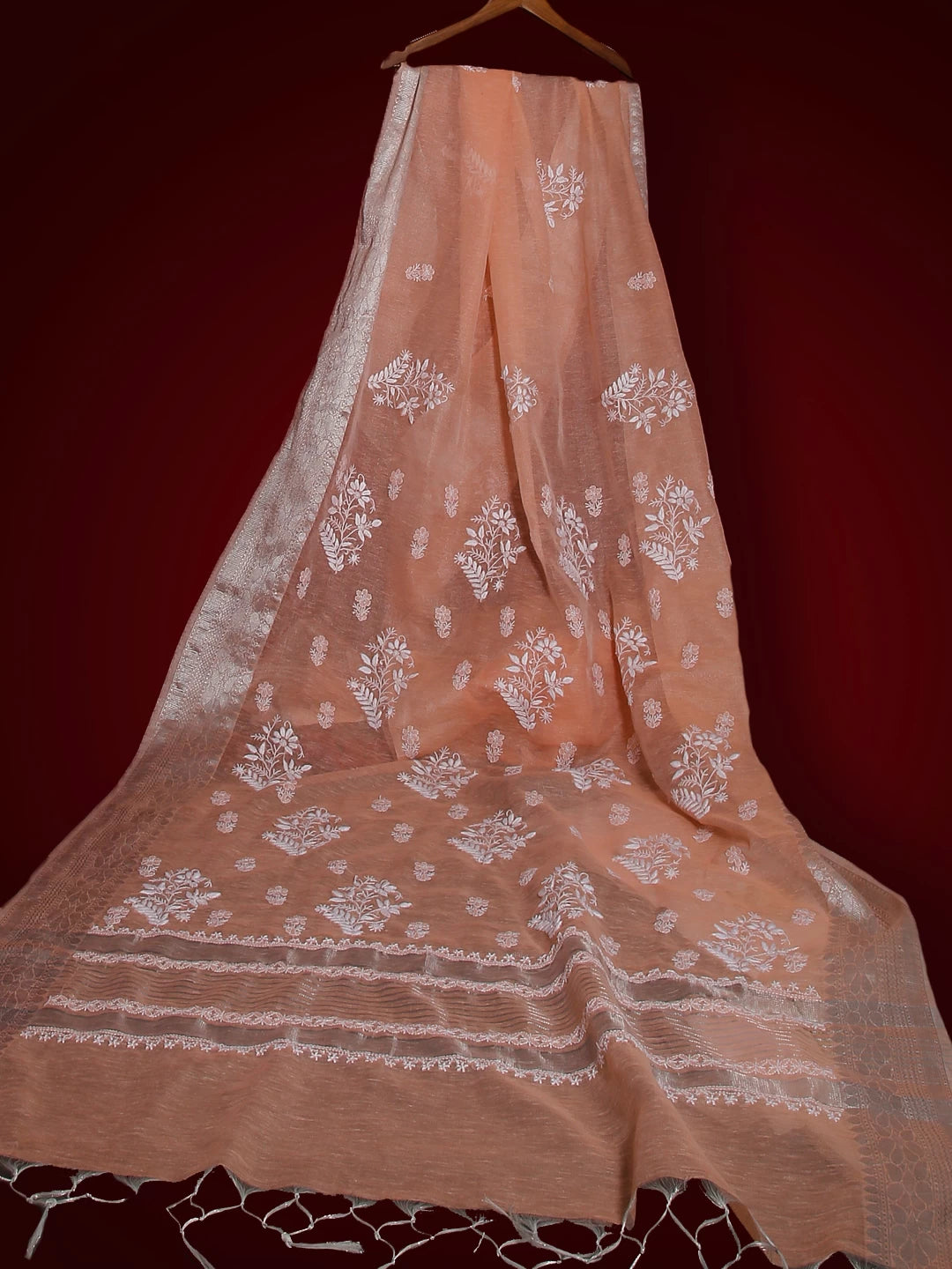 Ada Hand Embroidered Creamy Peach Tissue Lucknowi Chikankari Saree With Blouse 01A526526