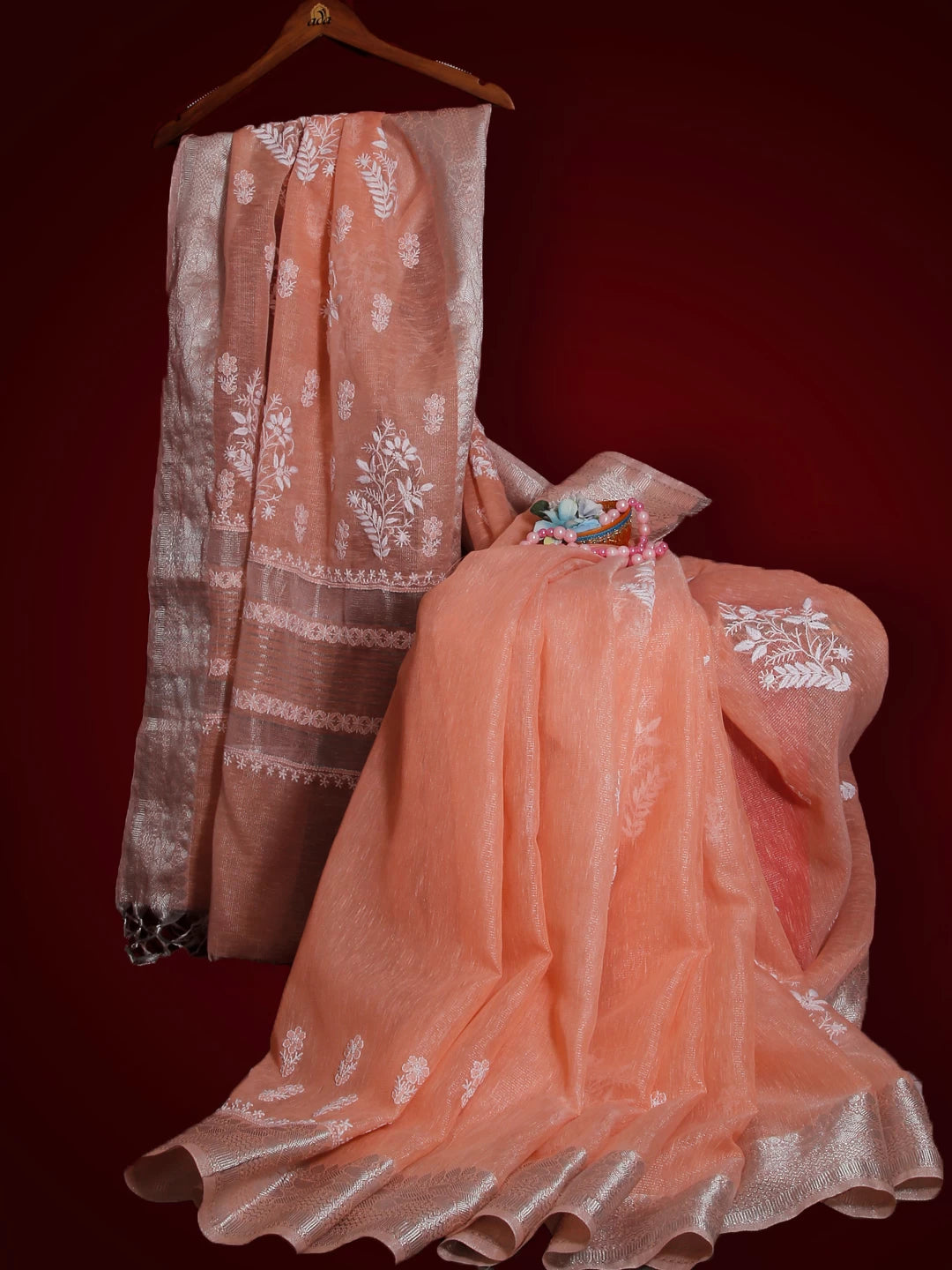 Ada Hand Embroidered Creamy Peach Tissue Lucknowi Chikankari Saree With Blouse 01A526526
