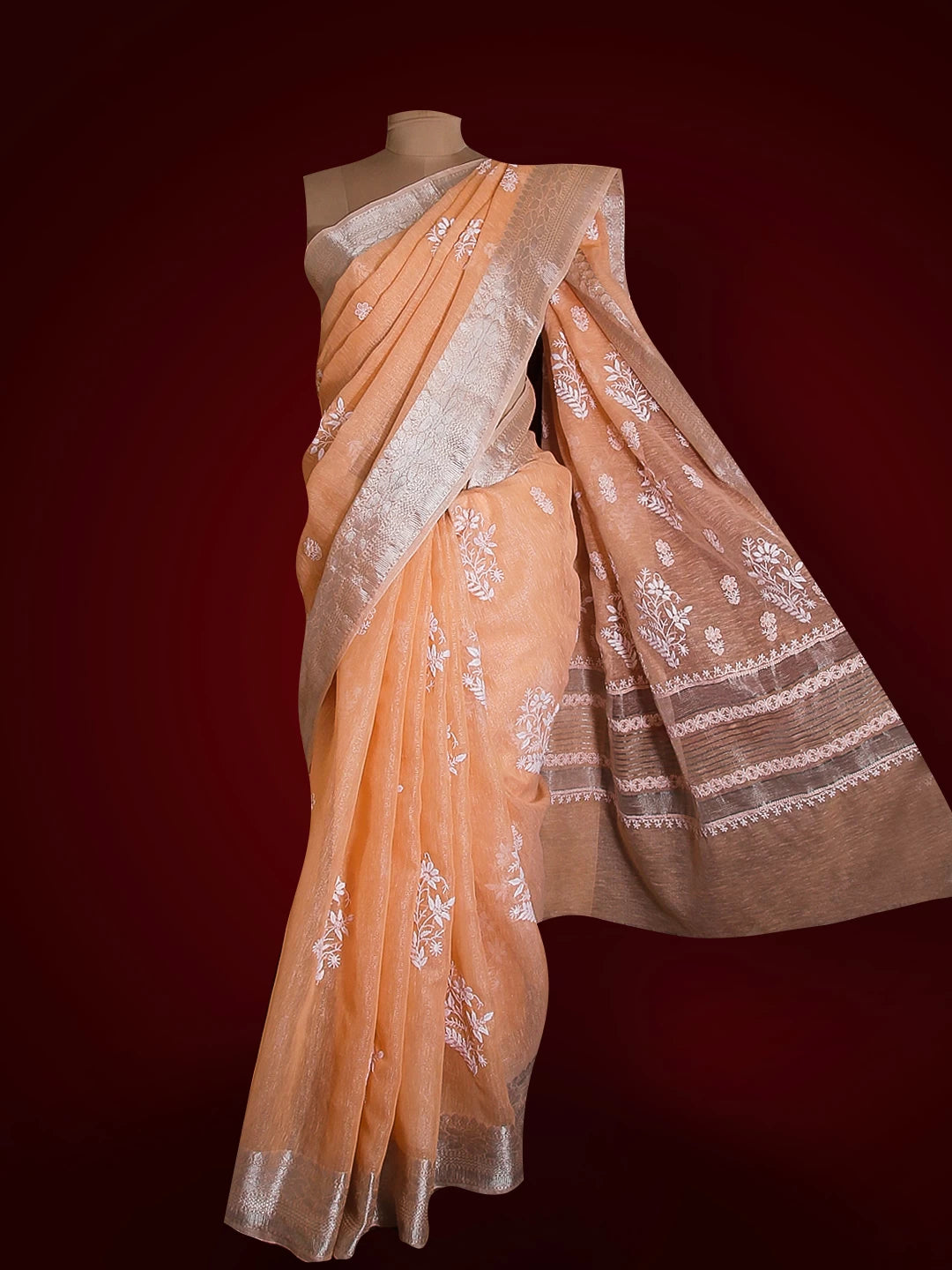 Ada Hand Embroidered Creamy Peach Tissue Lucknowi Chikankari Saree With Blouse 01A526526
