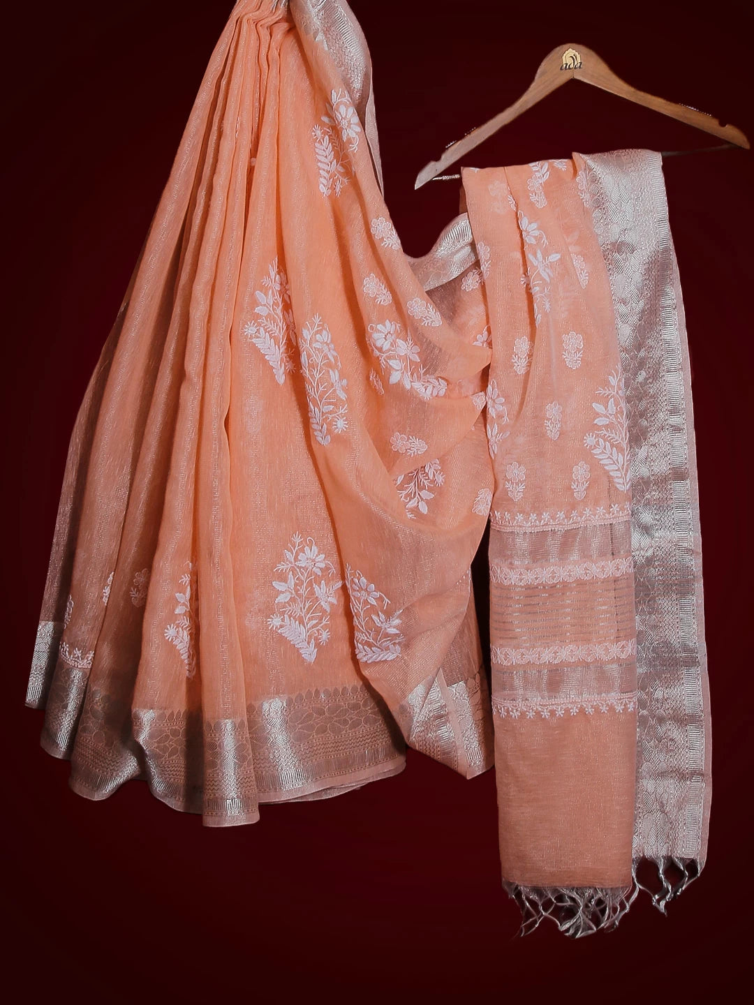 Ada Hand Embroidered Creamy Peach Tissue Lucknowi Chikankari Saree With Blouse 01A526526