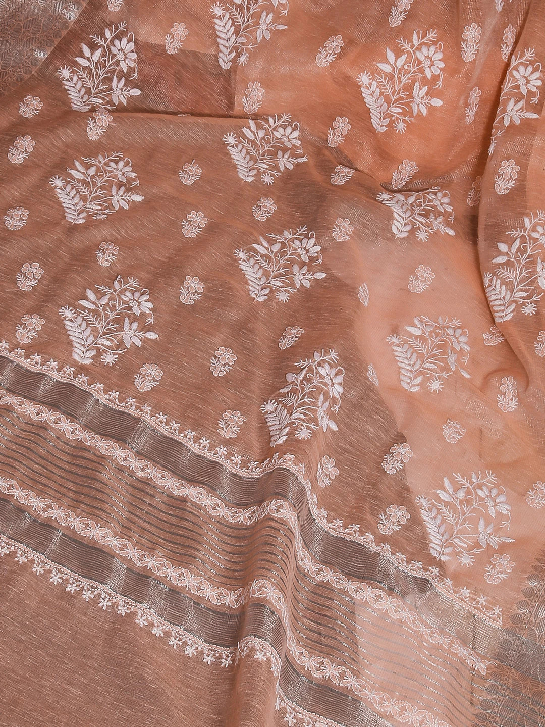 Ada Hand Embroidered Creamy Peach Tissue Lucknowi Chikankari Saree With Blouse 01A526526