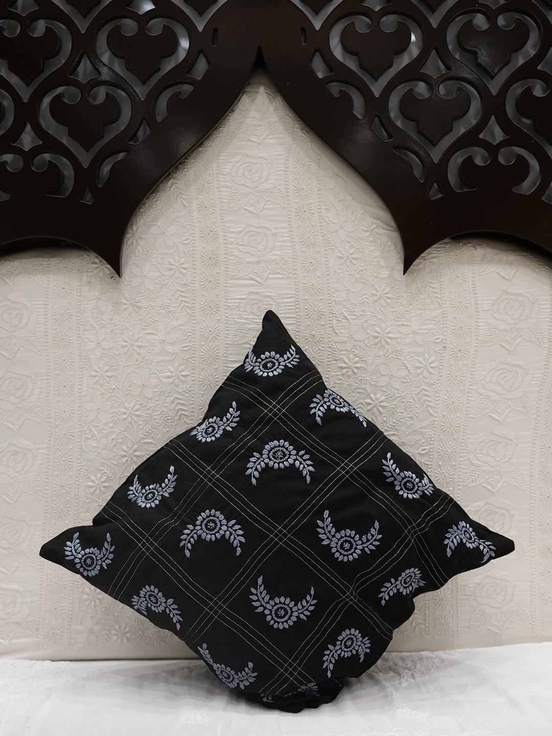 Ada Hand Embroidered Black Cotton Lucknowi Chikankari Cushion Cover With Zari Work 01A452343
