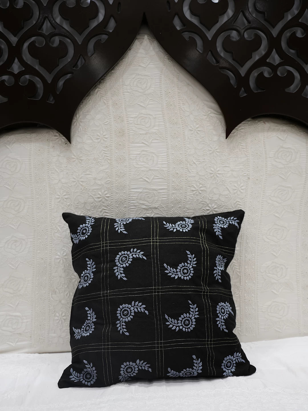 Ada Hand Embroidered Black Cotton Lucknowi Chikankari Cushion Cover With Zari Work 01A452343