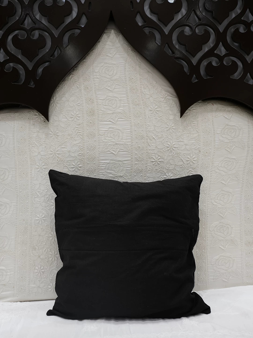 Ada Hand Embroidered Black Cotton Lucknowi Chikankari Cushion Cover With Zari Work 01A452343