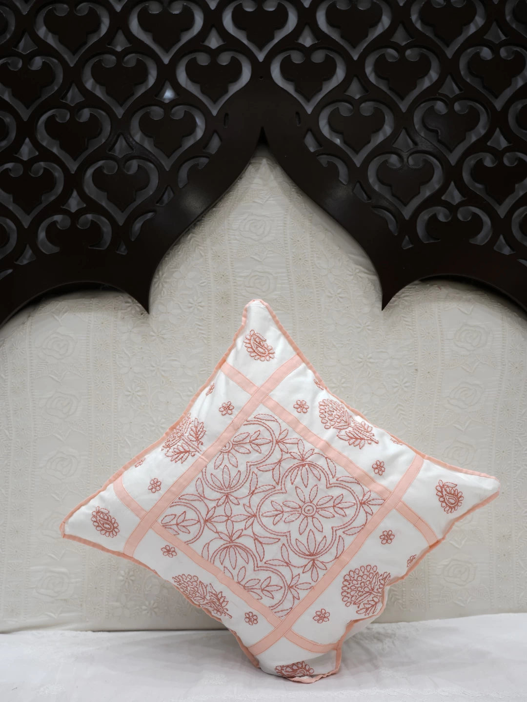 Ada Hand Embroidered White Cotton Lucknowi Chikankari Cushion Cover 01A466392