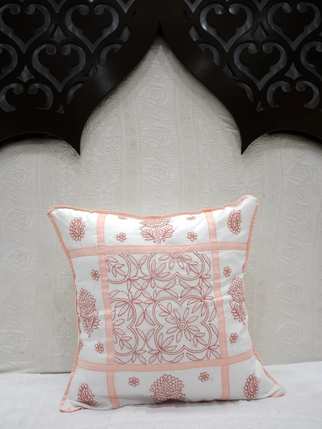 Ada Hand Embroidered White Cotton Lucknowi Chikankari Cushion Cover 01A466392