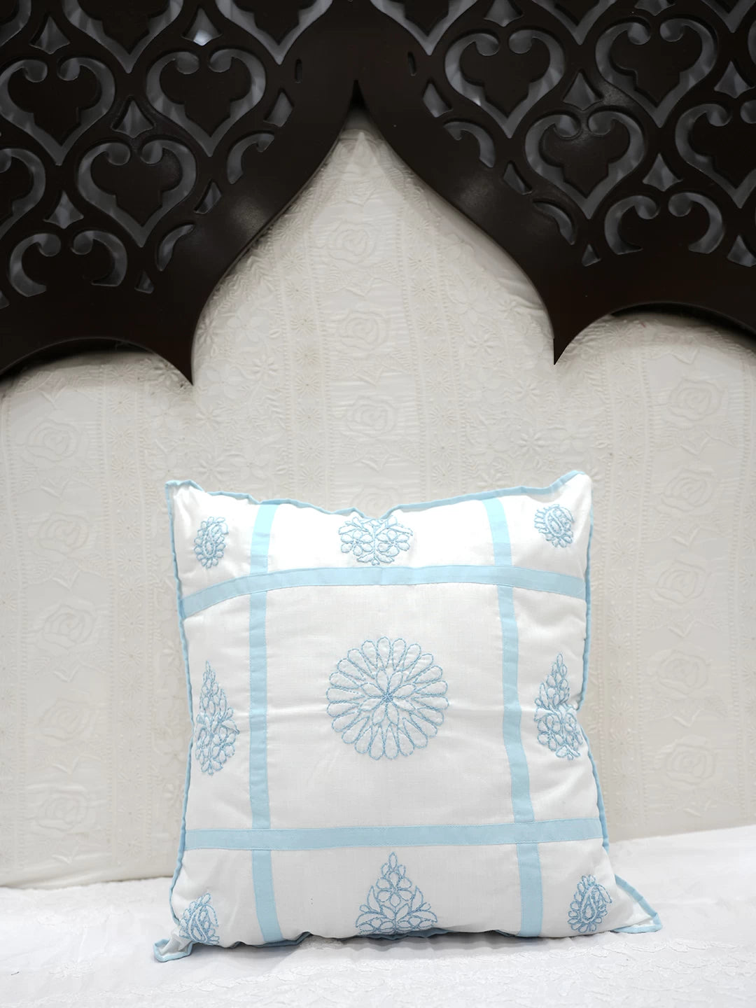 Ada Hand Embroidered White Cotton Lucknowi Chikankari Cushion Cover 01A466413
