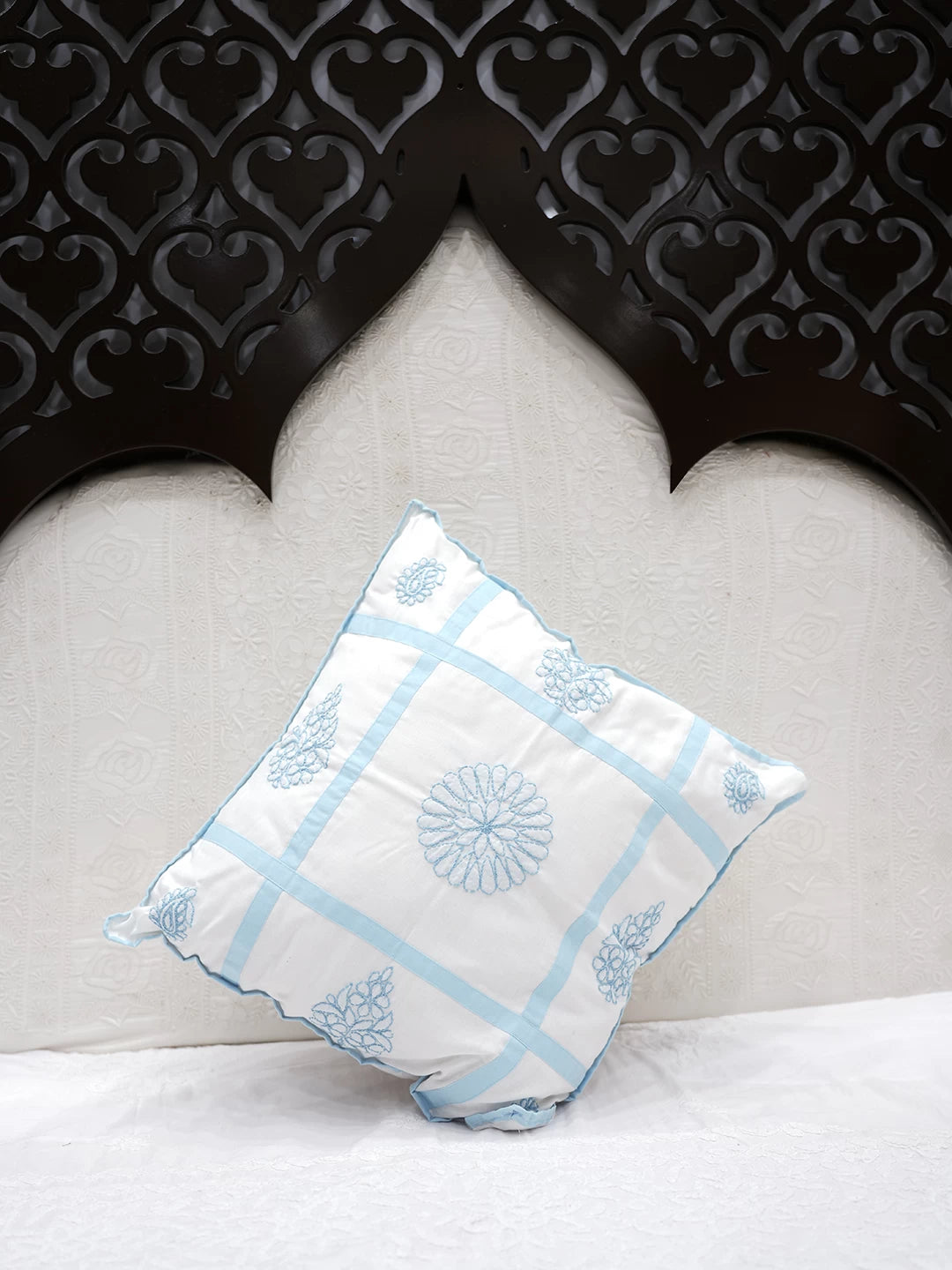 Ada Hand Embroidered White Cotton Lucknowi Chikankari Cushion Cover 01A466413
