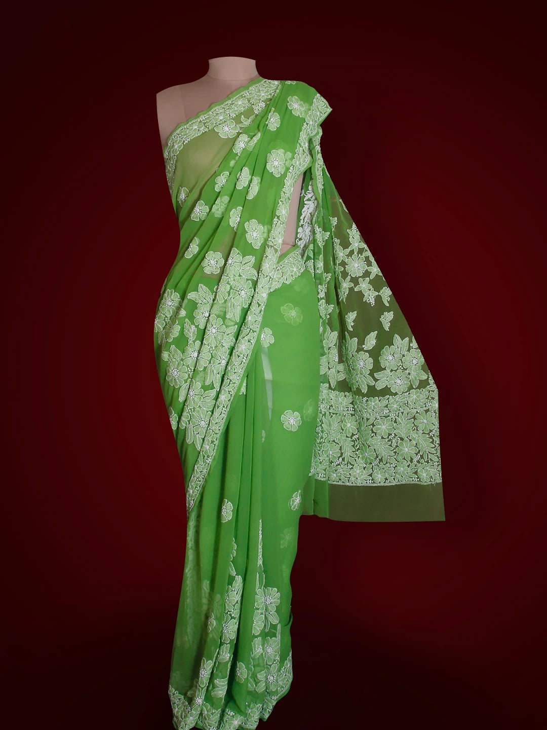 Ada Hand Embroidered Green Georgette Lucknowi Chikankari Saree With Blouse 01A522294