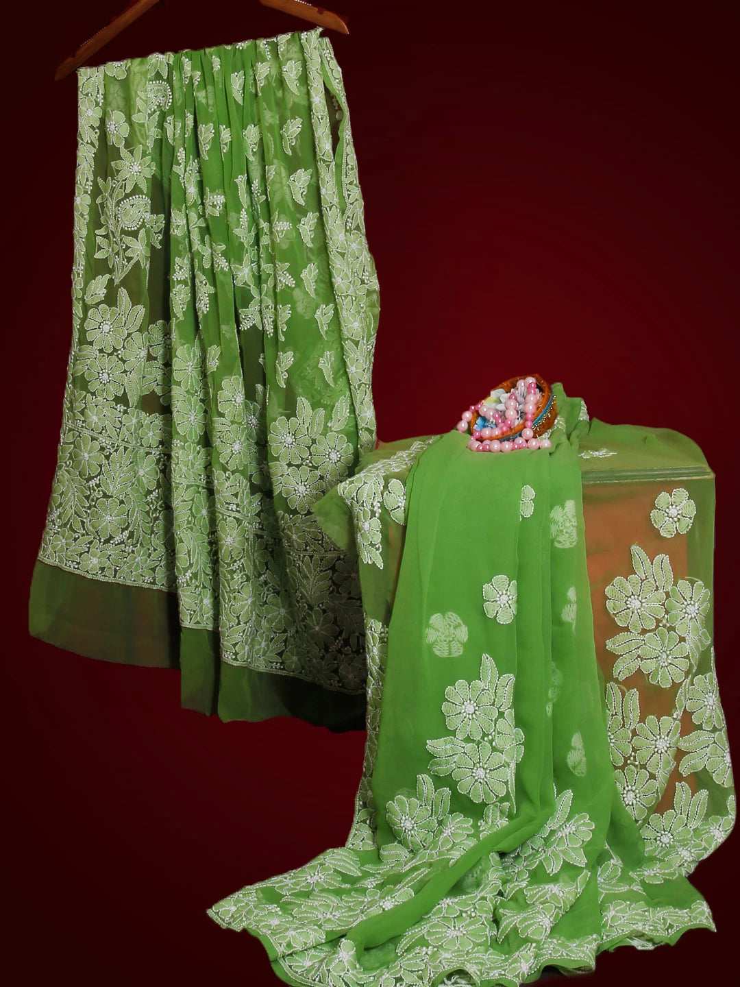 Ada Hand Embroidered Green Georgette Lucknowi Chikankari Saree With Blouse 01A522294