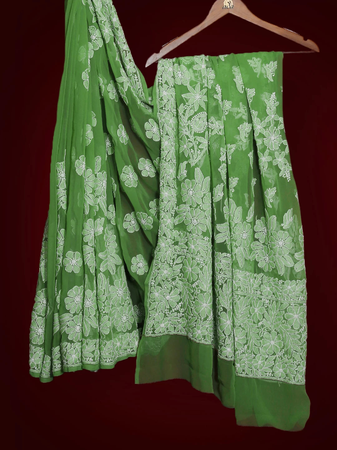 Ada Hand Embroidered Green Georgette Lucknowi Chikankari Saree With Blouse 01A522294