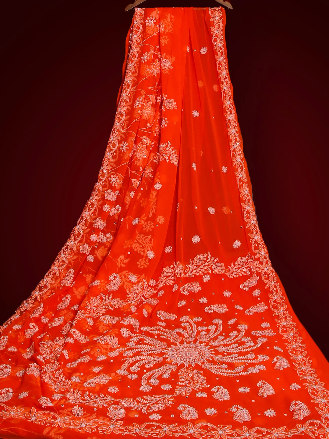Ada Hand Embroidered Orange Georgette Lucknowi Chikankari Saree/Blouse With Pearl Work 01A194029