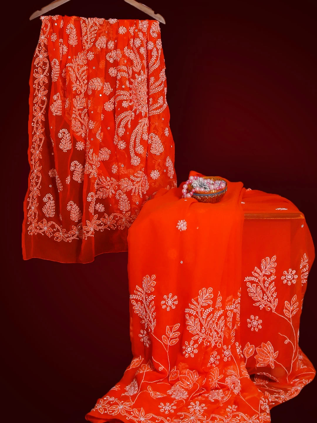 Ada Hand Embroidered Orange Georgette Lucknowi Chikankari Saree/Blouse With Pearl Work 01A194029
