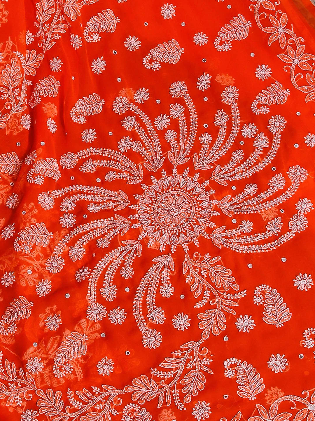 Ada Hand Embroidered Orange Georgette Lucknowi Chikankari Saree/Blouse With Pearl Work 01A194029
