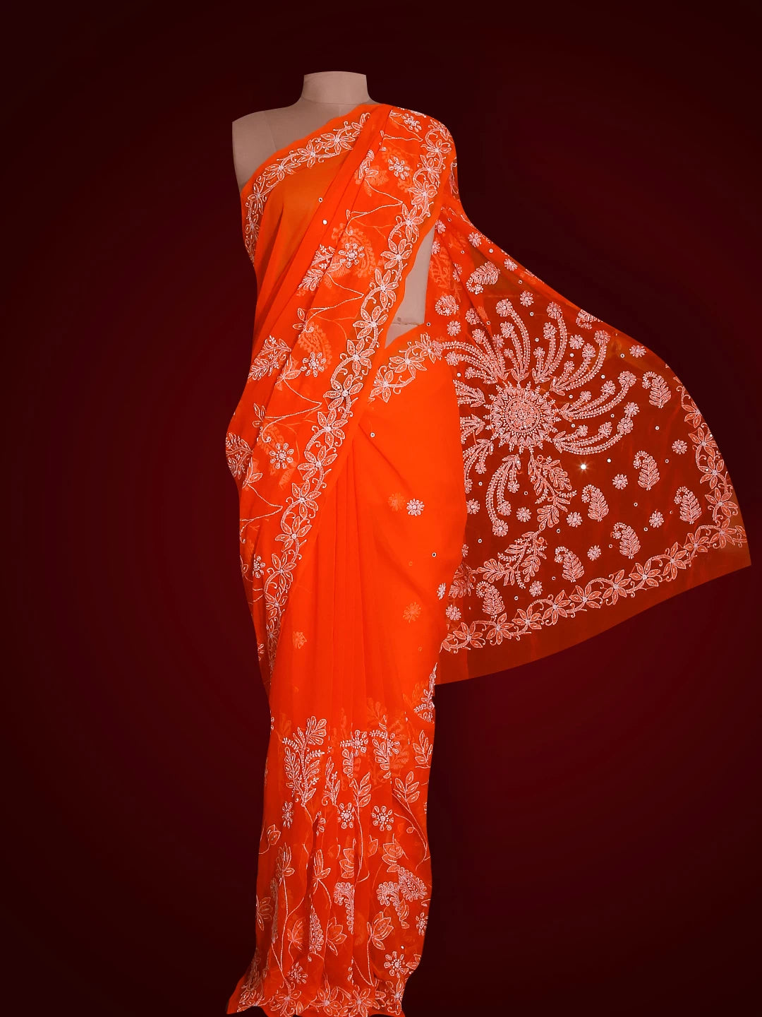 Ada Hand Embroidered Orange Georgette Lucknowi Chikankari Saree/Blouse With Pearl Work 01A194029