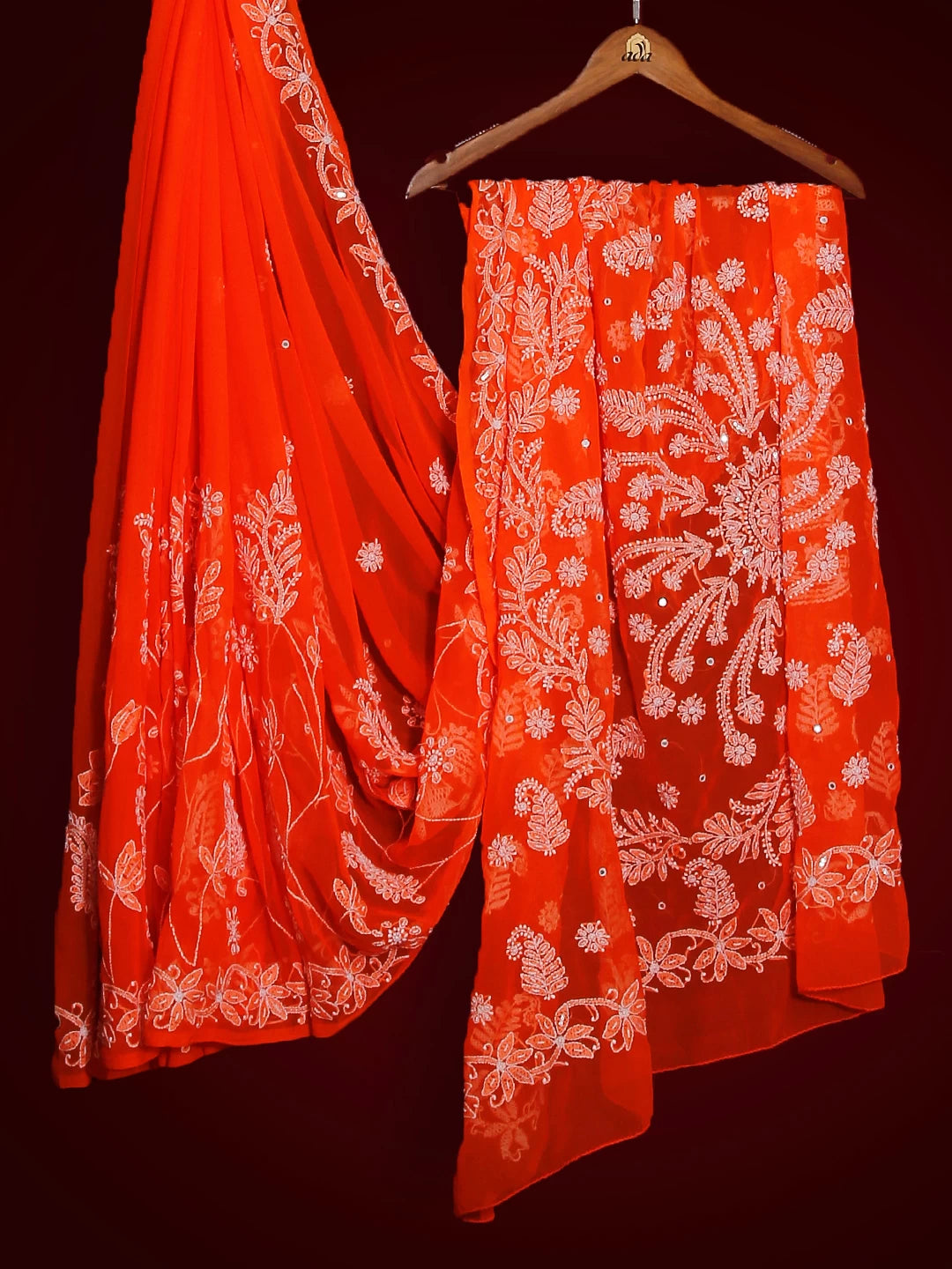 Ada Hand Embroidered Orange Georgette Lucknowi Chikankari Saree/Blouse With Pearl Work 01A194029