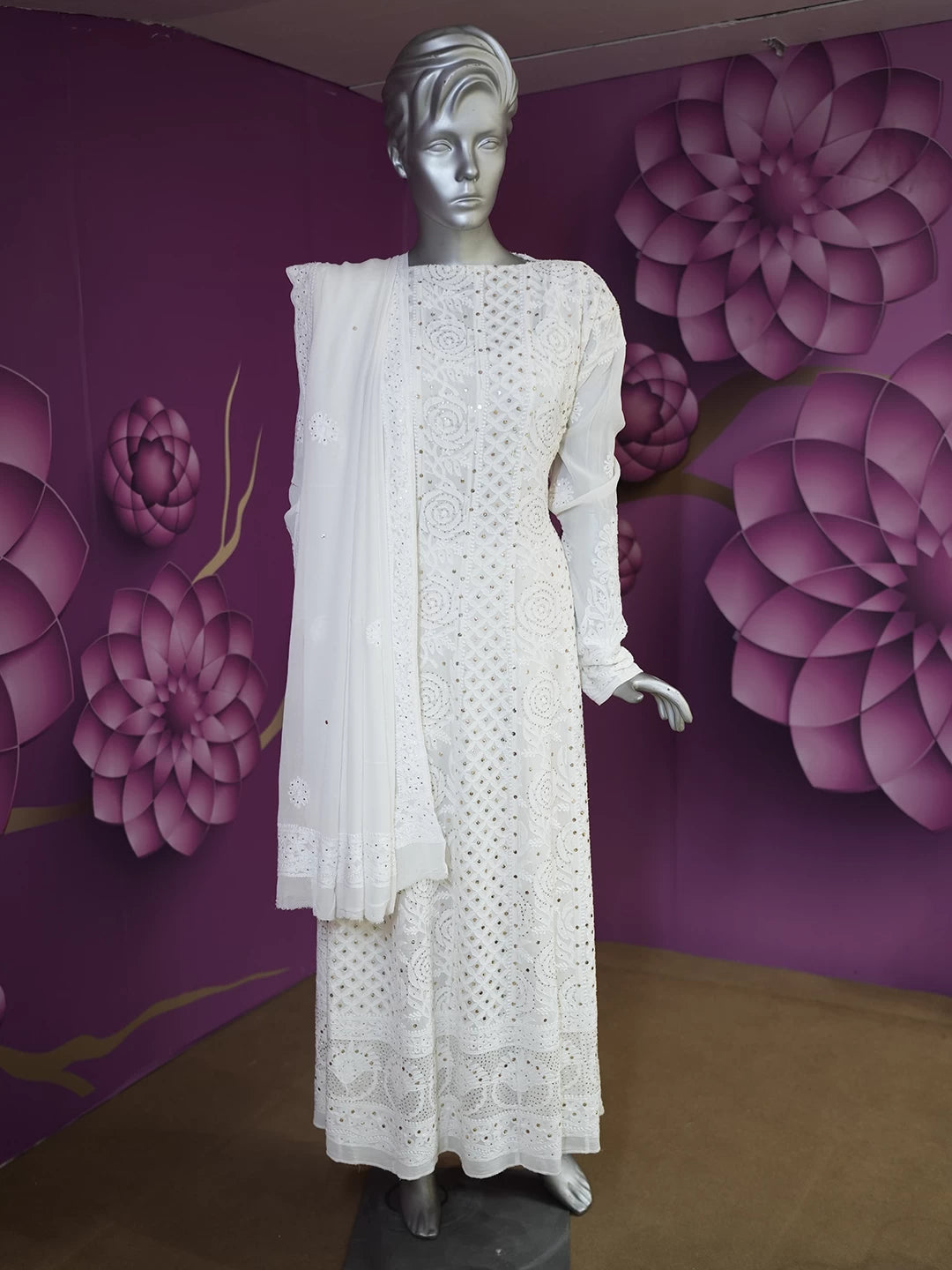 Ada Hand Embroidered Off White Pure Georgette Lucknowi Chikankari Semi-Stitched Anarkali Kurta Dupatta Set With Muqaish Work 01A470244