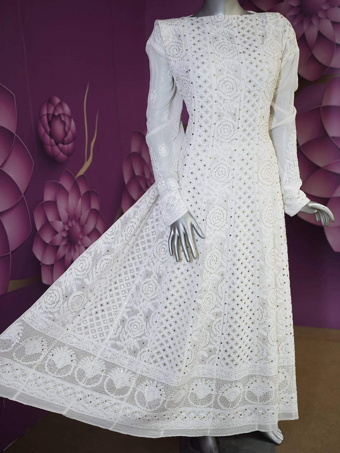 Ada Hand Embroidered Off White Pure Georgette Lucknowi Chikankari Semi-Stitched Anarkali Kurta Dupatta Set With Muqaish Work 01A470244