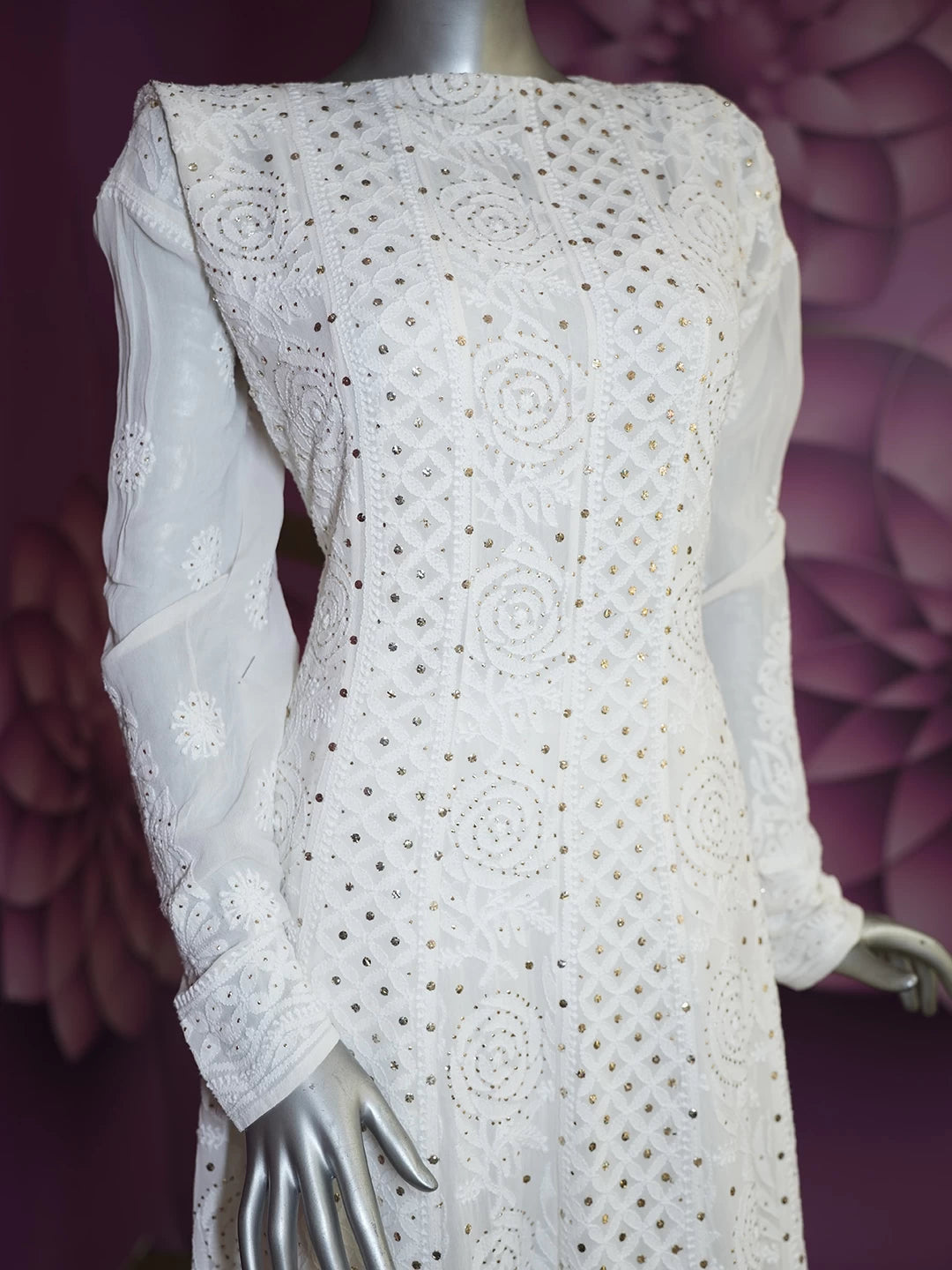 Ada Hand Embroidered Off White Pure Georgette Lucknowi Chikankari Semi-Stitched Anarkali Kurta Dupatta Set With Muqaish Work 01A470244