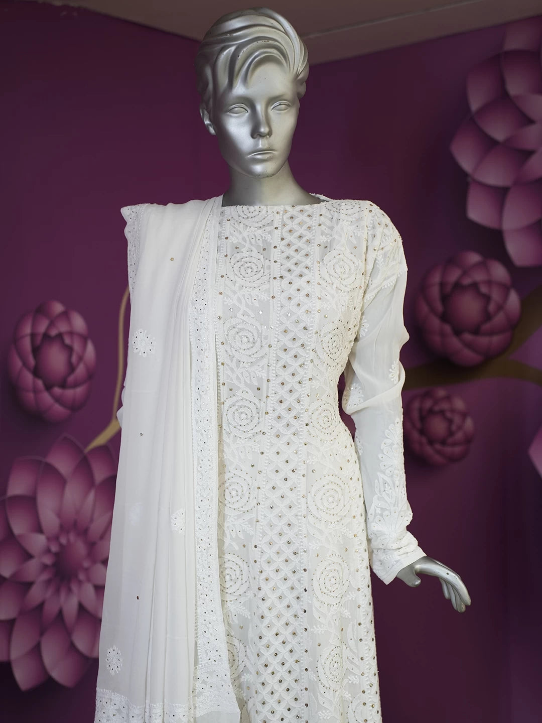 Ada Hand Embroidered Off White Pure Georgette Lucknowi Chikankari Semi-Stitched Anarkali Kurta Dupatta Set With Muqaish Work 01A470244