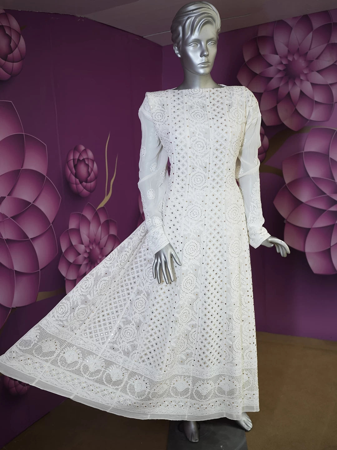 Ada Hand Embroidered Off White Pure Georgette Lucknowi Chikankari Semi-Stitched Anarkali Kurta Dupatta Set With Muqaish Work 01A470244