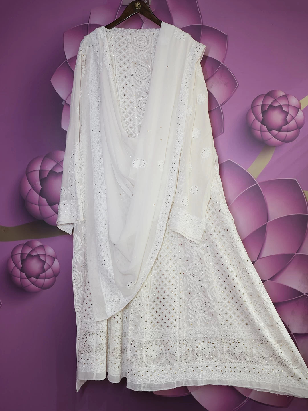 Ada Hand Embroidered Off White Pure Georgette Lucknowi Chikankari Semi-Stitched Anarkali Kurta Dupatta Set With Muqaish Work 01A470244