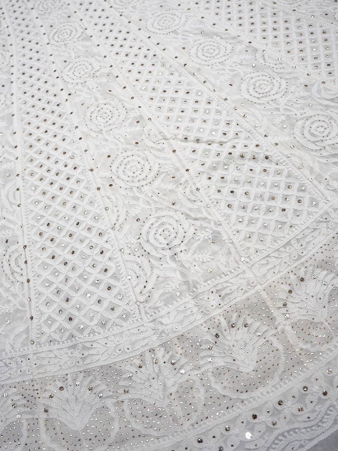 Ada Hand Embroidered Off White Pure Georgette Lucknowi Chikankari Semi-Stitched Anarkali Kurta Dupatta Set With Muqaish Work 01A470244