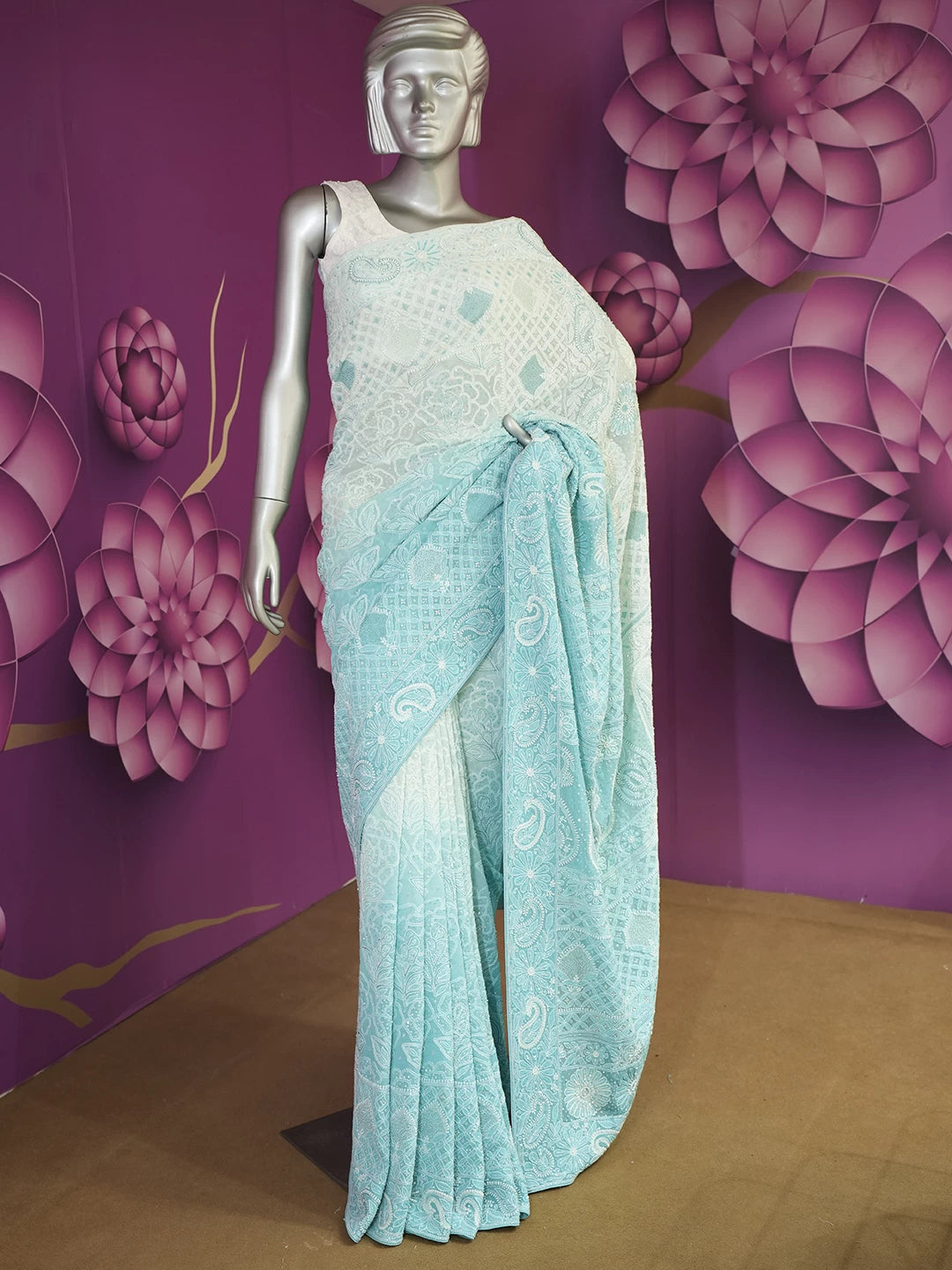Ada Hand Embroidered Sky Blue Pure Georgette Lucknowi Chikankari Saree /Blouse With Sequinned Work 01A470933