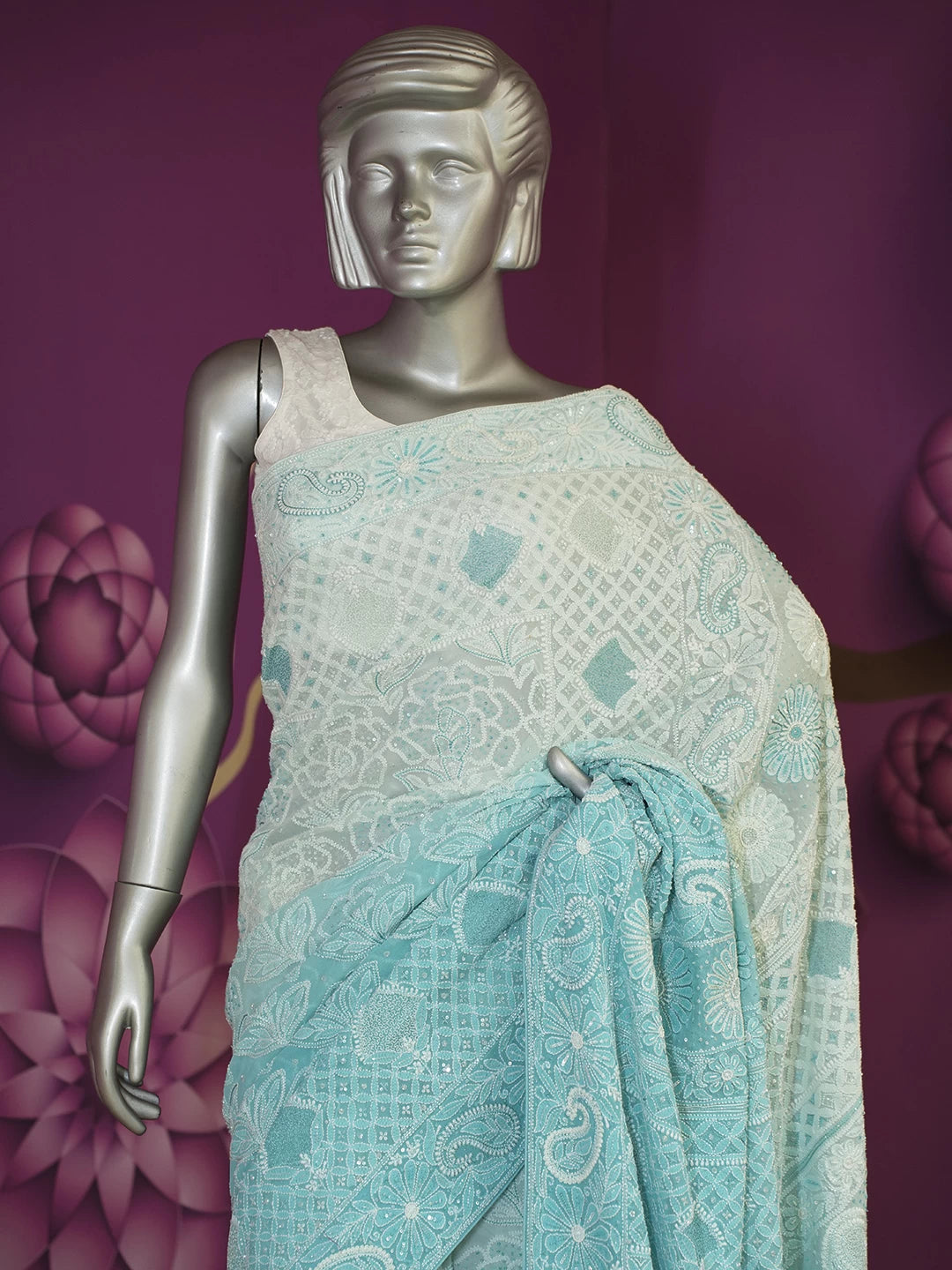 Ada Hand Embroidered Sky Blue Pure Georgette Lucknowi Chikankari Saree /Blouse With Sequinned Work 01A470933