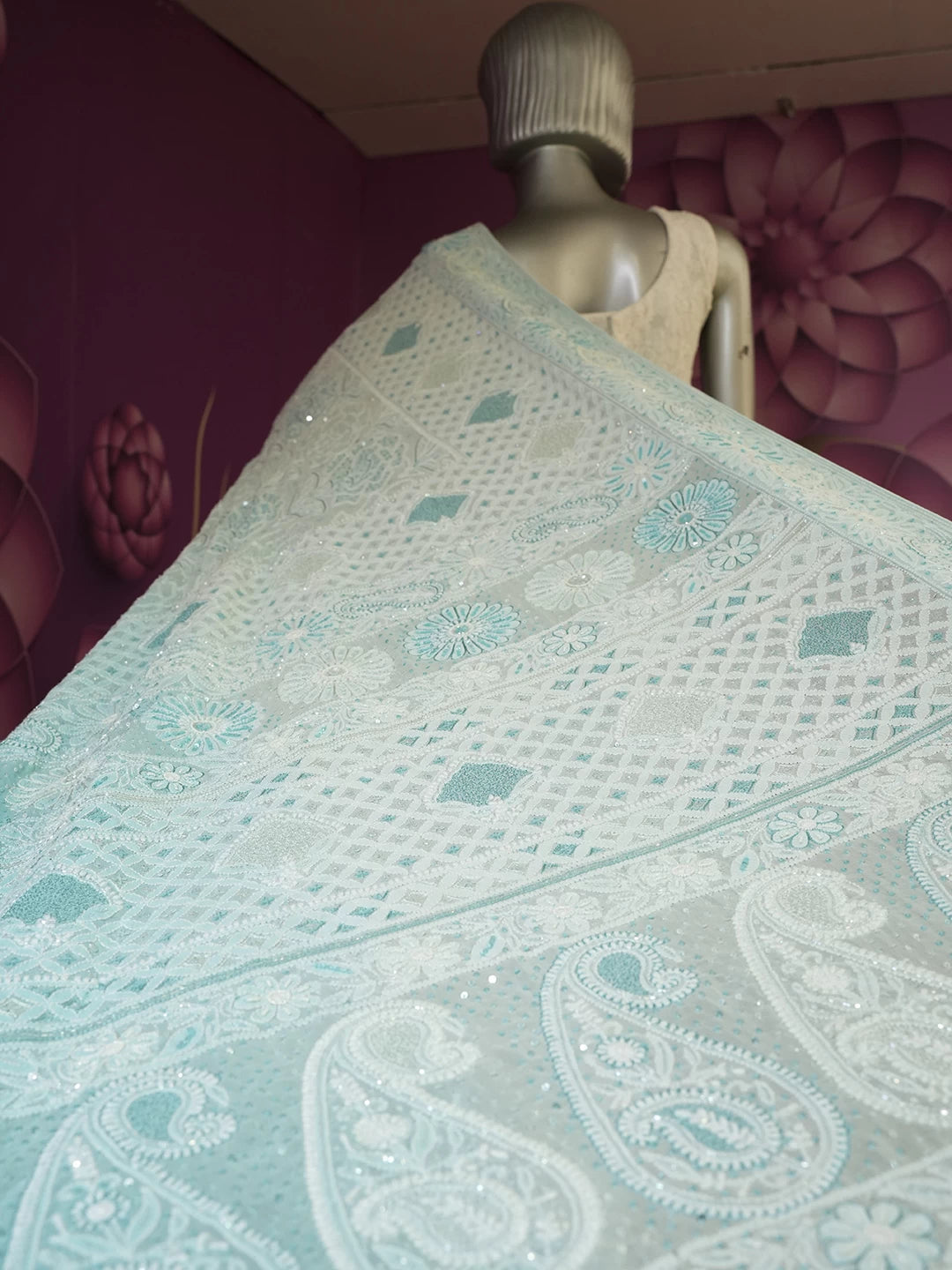 Ada Hand Embroidered Sky Blue Pure Georgette Lucknowi Chikankari Saree /Blouse With Sequinned Work 01A470933