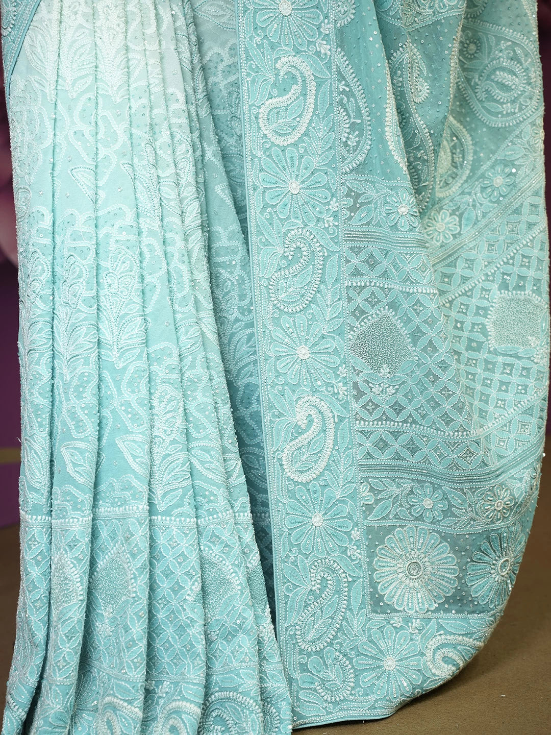 Ada Hand Embroidered Sky Blue Pure Georgette Lucknowi Chikankari Saree /Blouse With Sequinned Work 01A470933
