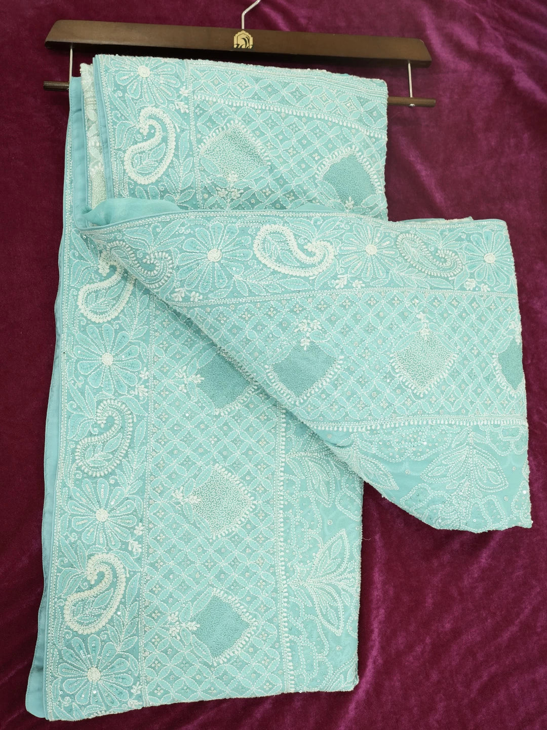 Ada Hand Embroidered Sky Blue Pure Georgette Lucknowi Chikankari Saree /Blouse With Sequinned Work 01A470933