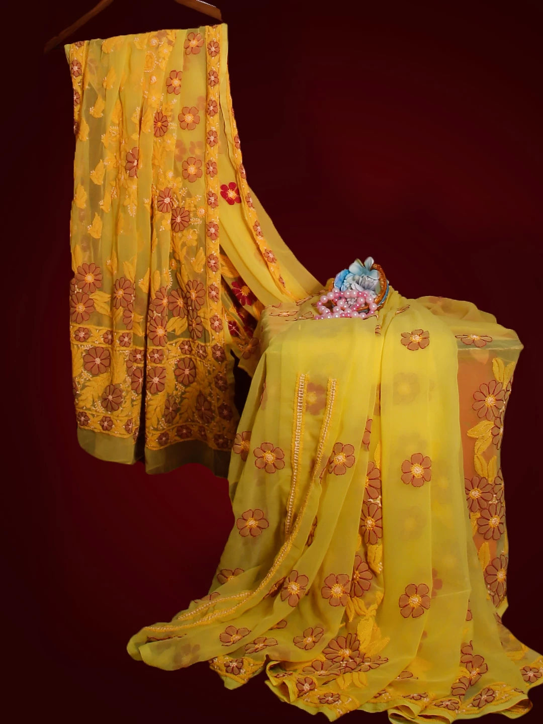 Ada Hand Embroidered Lemon Yellow Georgette Lucknowi Chikankari Saree With Blouse 01A103938