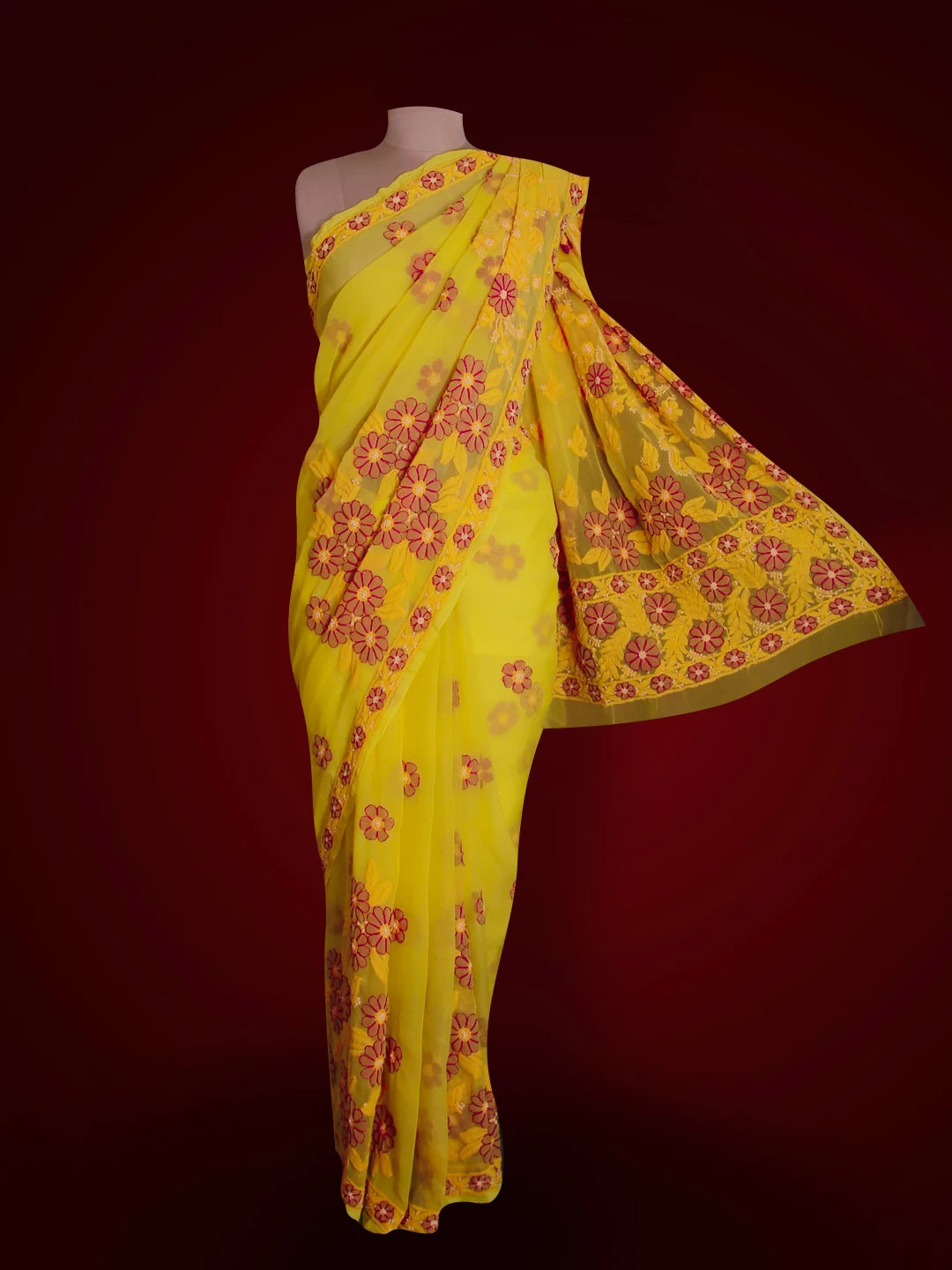 Ada Hand Embroidered Lemon Yellow Georgette Lucknowi Chikankari Saree With Blouse 01A103938