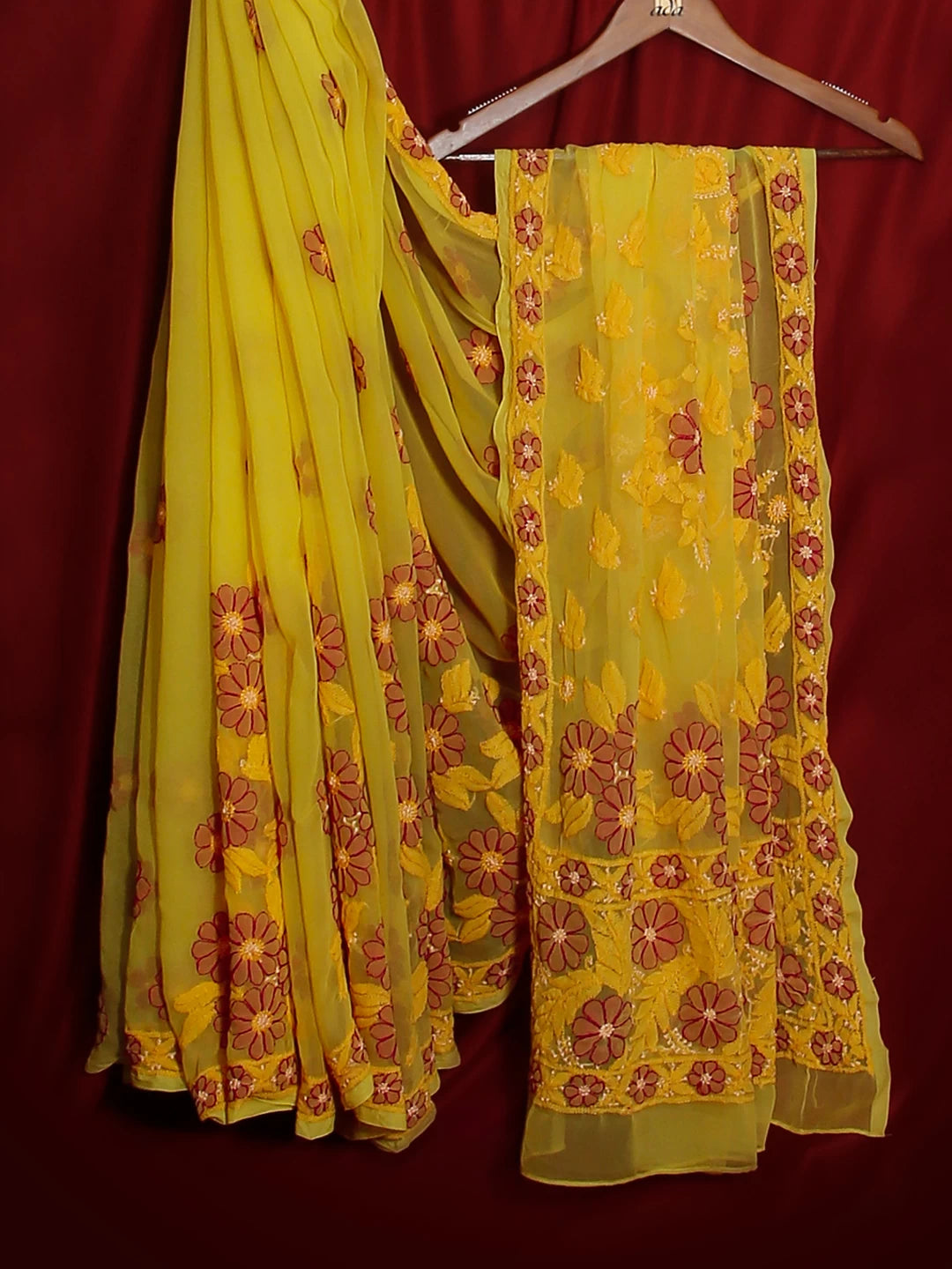 Ada Hand Embroidered Lemon Yellow Georgette Lucknowi Chikankari Saree With Blouse 01A103938