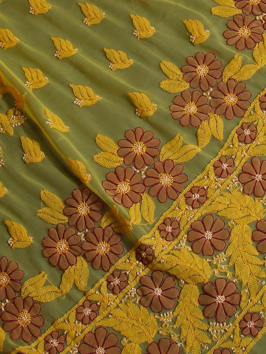 Ada Hand Embroidered Lemon Yellow Georgette Lucknowi Chikankari Saree With Blouse 01A103938