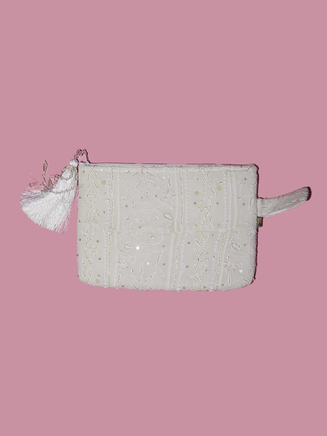 Ada Hand Embroidered Off White Viscose Georgette Lucknowi Chikankari Pouch With Pearl Work 01A513035