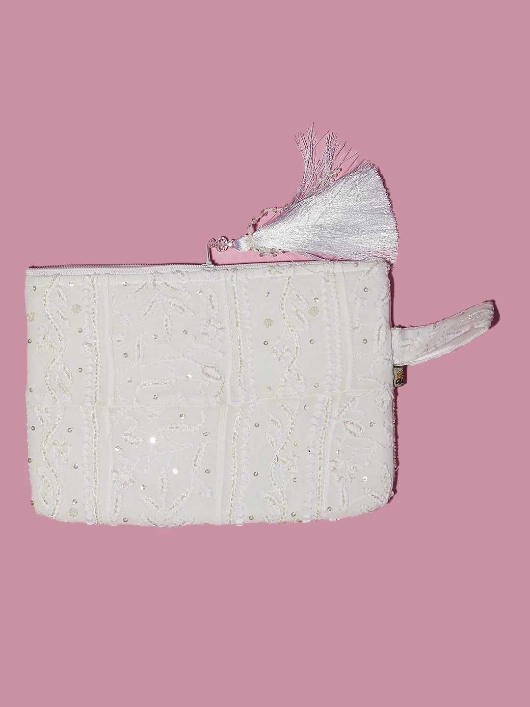 Ada Hand Embroidered Off White Viscose Georgette Lucknowi Chikankari Pouch With Pearl Work 01A513035