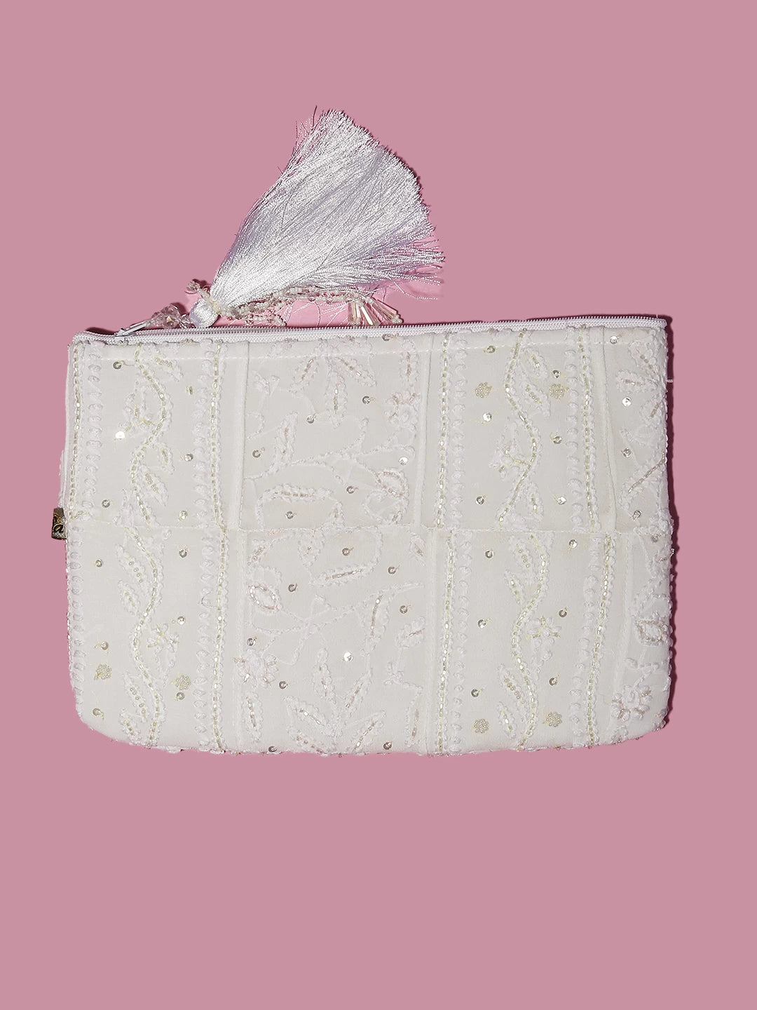 Ada Hand Embroidered Off White Viscose Georgette Lucknowi Chikankari Pouch With Pearl Work 01A513035