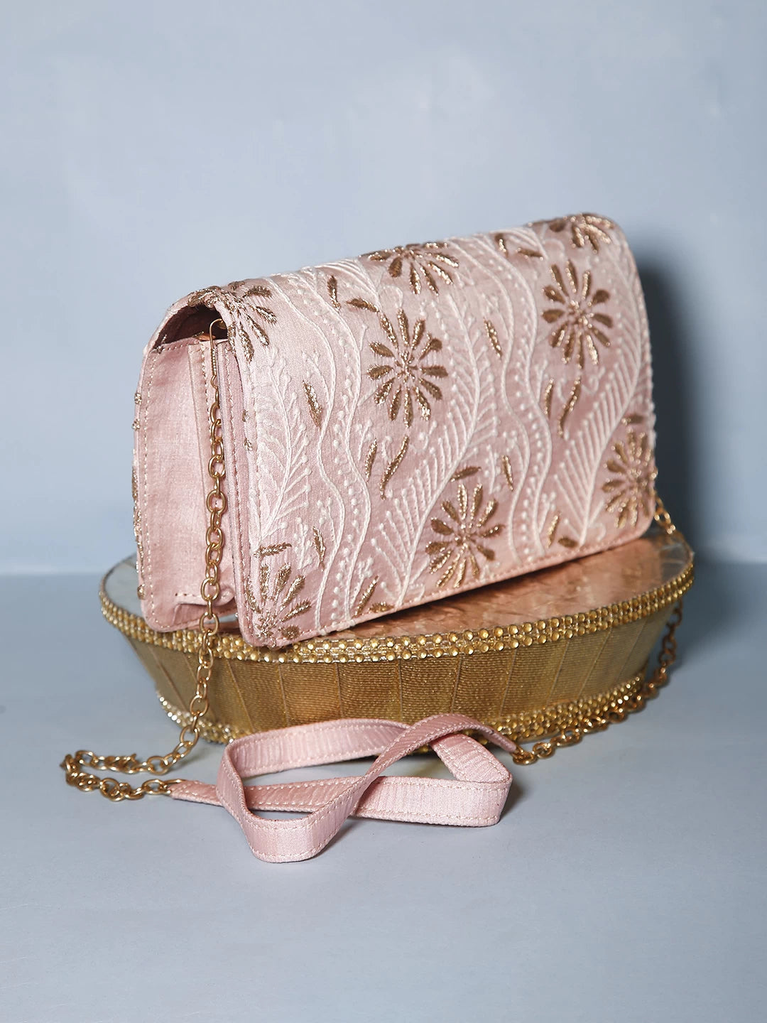 Ada Hand Embroidered Blush Pink Silk Lucknowi Chikankari Clutch With Zari Work 01A499123